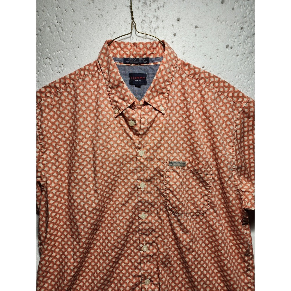 Tommy Hilfiger Jeans Shirt Mens Large Short Sleeve Peach Button Up Collared - Picture 2 of 16